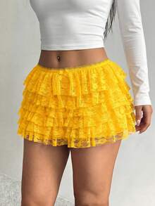 SHEIN SXY 蕾丝层叠荷叶边低腰短裙 - 黃色 - 查看 6