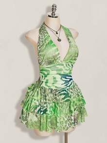 SHEIN ICON 大码豹纹露背褶皱腰身多层网纱连衣裙 - 薄荷綠 - 查看 7