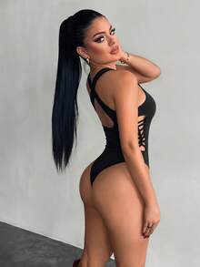 SHEIN SXY Bộ đồ liền thân gợi cảm khoét lỗ màu đen Club Black - màu đen - Xem 3