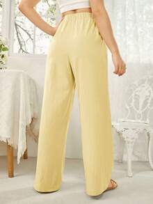 SHEIN Essnce Women's Vacation Casual Solid Color Wide Leg Pants - Light Yellow - View 2