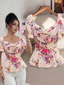 Elenzga Elegant Romantic Printed Ruffle Collar Fitted Women Blouse - Multicolor - View 1