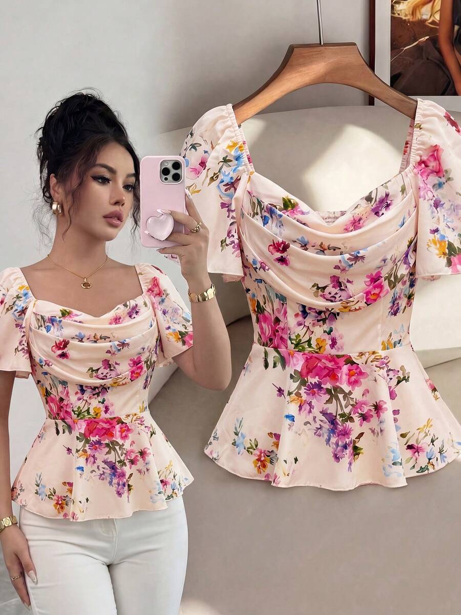 Elenzga Elegant Romantic Printed Ruffle Collar Fitted Women Blouse - Multicolor - View 1