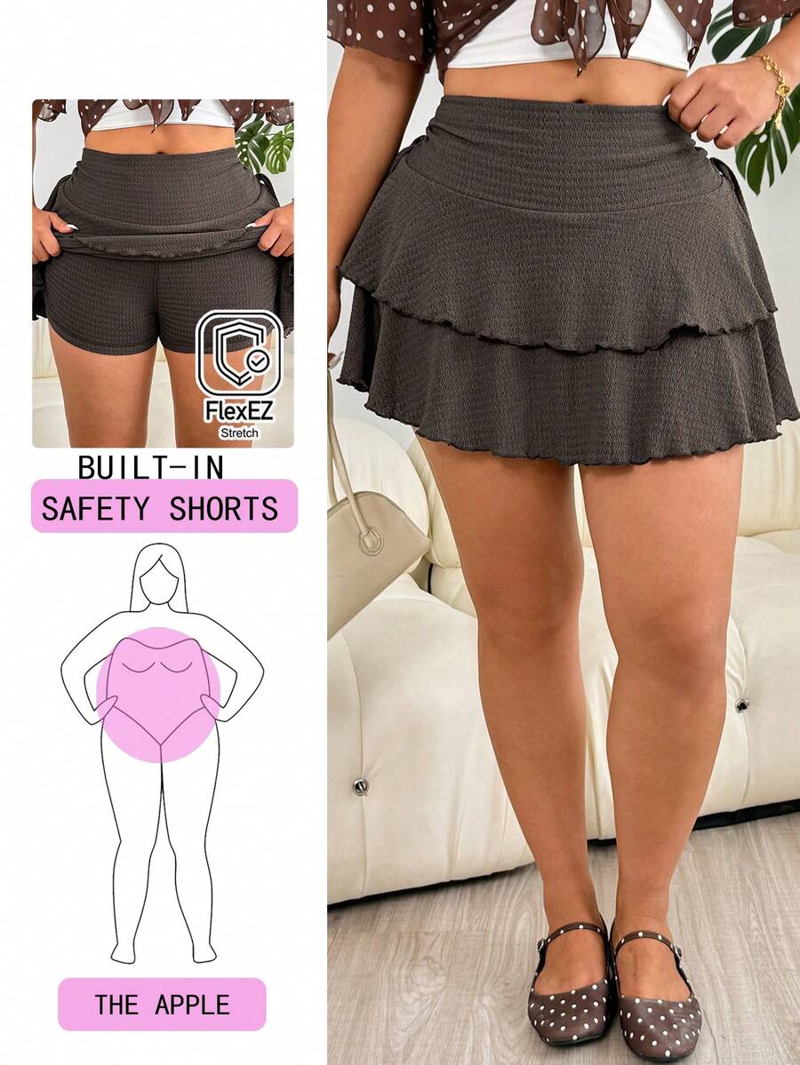 Solflare Summer Cute Plain Grey Plus Size Skirt,High-Elasticity Knit Side Ruched Tie Straps Double-Layer Ruffle Hem,Built-In Shorts Lining For Hiking Outings - Brown - View 1
