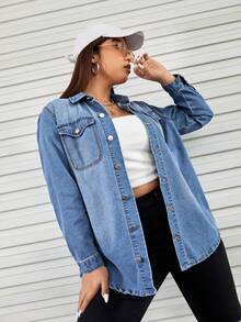 SHEIN EZwear 大码女式春秋季休闲日常通勤翻盖口袋牛仔衬衫 - 淺色水洗藍 - 查看 5