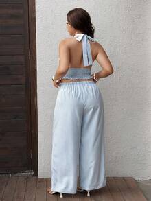 Sunnyshic Französisches elegantes V-Ausschnitt Träger Strand Urlaub minimalistisches gestreiftes Trägershirt & Shorts 2-teiliges Set, Große Größen - Blau-Weiß - Übersicht 2