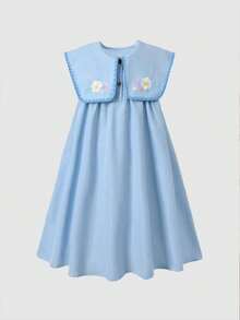 SHEIN Tween Girls/Tween Girl Girls Pastoral Floral Embroidered Pattern Ruffle Collar Puff Sleeve Dress,Versatile Round Neck Trim Contrast Color - Blue - View 4