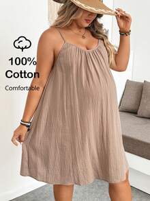 SHEIN Plus Size Maternity Solid Color Ruched Casual Vacation Sleeveless Dress Summer Dresses Vacation Outfits - Khaki - View 1