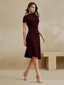 Anewsta Women's Turtleneck Asymmetric Ribbed Fitted Pullover Knit Dress, Elegant And Modest, Spring/Summer - Burgundy - View 4