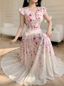 Modelyn 女士法式印花短袖上衣和高腰喇叭裙两件套度假装 - 彩色 - 查看 6