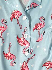 SHEIN 夏季女宝宝两件套可爱卡通火烈鸟爱心动物印花柔软舒适翻领开衫短袖短裤睡衣 - 藍色 - 查看 8