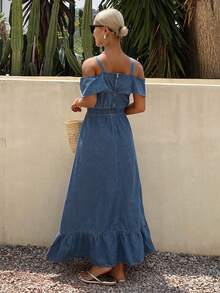 DAZY Đầm denim nữ xếp ly trễ vai phối nhiều mảnh - Màu xanh lam - Xem 2