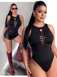 SHEIN SXY Bộ đồ liền thân gợi cảm khoét lỗ màu đen Club Black - màu đen - Xem 8