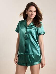 Hourtrue Contrast Piping Satin PJ Set / Pajama Set - Green - View 4
