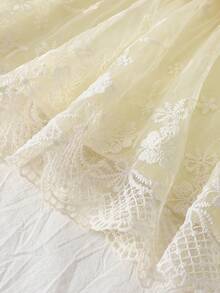 SHEIN 新生女嬰白色羅紋3D刺繡蝴蝶結網紗無袖洋裝附髮帶套裝，夏季可愛馬卡龍色優雅婚禮賓客戶外拍照穿搭 - 杏色 - 查看 7