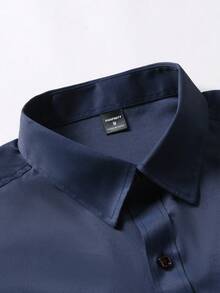 Manfinity Mode Men's Solid Color Business/Casual Long Sleeve Shirt, Spring & Summer, Navy Blue Dress Men, Business Casual Royal Dark For Fall, Formal, Ceremony - Navy Blue - View 5