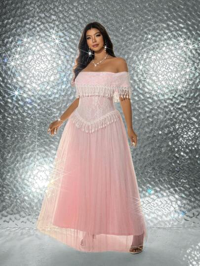 Viva Relle Plus Size Women's Spring/Summer New Luxury Socialite Style Nude Pink & White Patchwork Dress, One-Shoulder Lace Tassel Waist Cinched Mesh Dress. Suitable For High-End Galas, Bridesmaid, Valentine's Day Ambiance, Red Carpet, Luxury Socialite Fashion