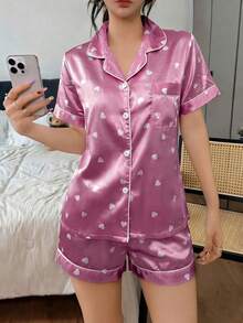 Pink Heart Print Contrast Piping PJ Set / Pajama Set - Dusty Pink - View 1