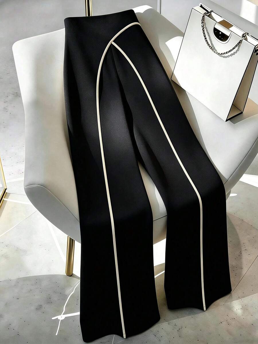Elenzga Women Summer Classy Elegant Cream Black Overlapping 2 In 1 Pants,Winter Work Office Colorblock Commuter Side Zipper Easy On/Off Casual Versatile Pants - Black - View 1