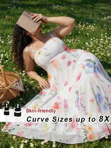 SHEIN CURVE+ Đầm hoa nhí kiểu Bohemia dành cho nữ, cỡ US22, thích hợp cho lễ hội âm nhạc, kỳ nghỉ biển, phong cách lãng mạn, phù hợp cho kỳ nghỉ, hẹn hò, lễ Phục sinh và các dịp khác, bao gồm đầm lễ Phục sinh, đầm dự tiệc, đầm hoa mùa hè, đầm cưới. - trắng - Xem 1