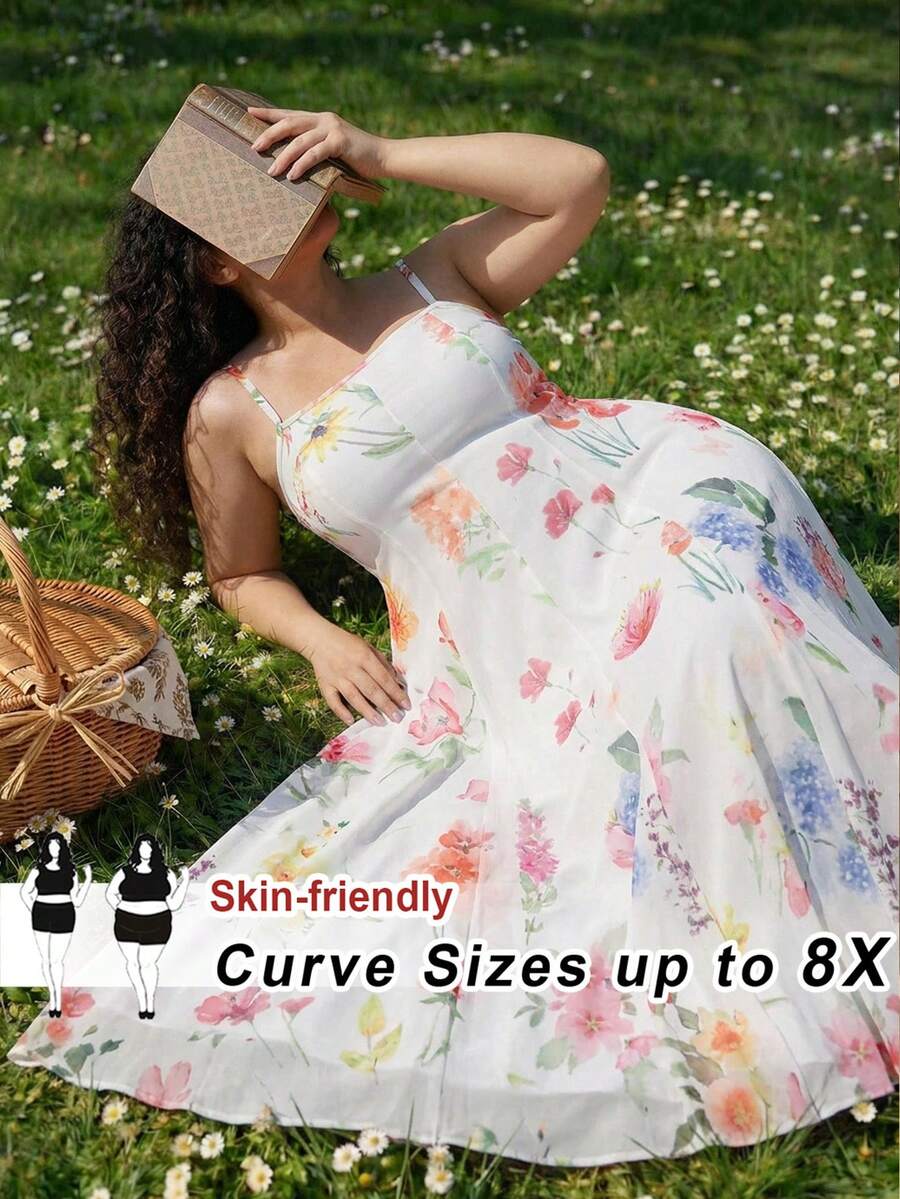 SHEIN CURVE+ Đầm hoa nhí kiểu Bohemia dành cho nữ, cỡ US22, thích hợp cho lễ hội âm nhạc, kỳ nghỉ biển, phong cách lãng mạn, phù hợp cho kỳ nghỉ, hẹn hò, lễ Phục sinh và các dịp khác, bao gồm đầm lễ Phục sinh, đầm dự tiệc, đầm hoa mùa hè, đầm cưới. - trắng - Xem 1