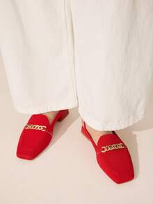CUCCOO BASICS Women's Shoes Fashionable Red Metal Chain Decoration Back Strap Square Toe Low Heel Shoes Suitable For Commuting Dating Vacation Party Party And Other Occasions To Wear - Red 1 - View 5