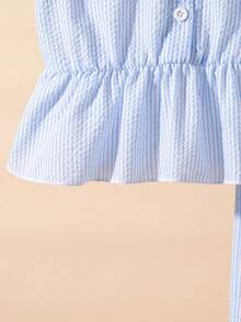 Elladie kids Conjunto de blusa de manga de volantes con lazo y espalda abierta con diseño de gota y pantalones cortos rectos casuales para niñas pequeñas, un atuendo versátil y dulce para el verano - Celeste - Ver 5