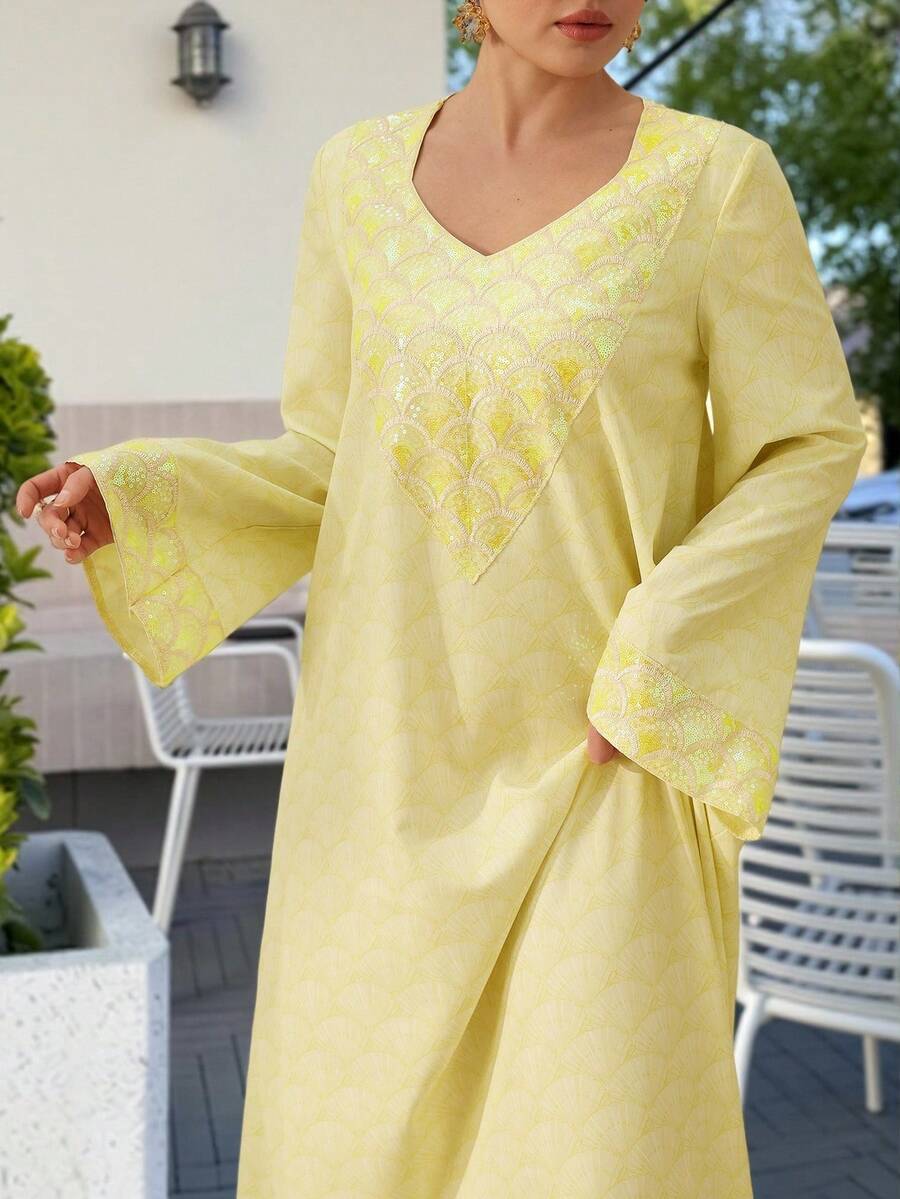 Al Najma Sequin Digital Print Long Sleeve Loose Fashion Elegant Pink Dress For Women - Yellow - View 1