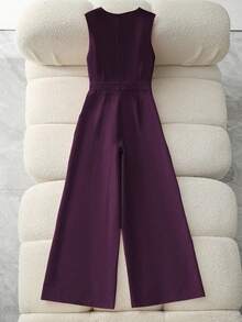 Franclia Bộ jumpsuit không tay cổ chữ V, thắt eo, màu hồng, ống rộng, trang trí kim loại, thanh lịch, phù hợp cho nữ, thích hợp cho mùa xuân/hè. - Màu tím - Xem 2