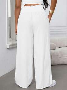 SHEIN Tall CURVE سراويل كاجوال فضفاضة من الشيفون الأحادية اللون لربيع/صيف المرأة ذات الحجم الكبير، خصر مطاطي مع حافة متسعة، مناسبة للعمل والارتداء اليومي - أبيض - مشاهدة 2
