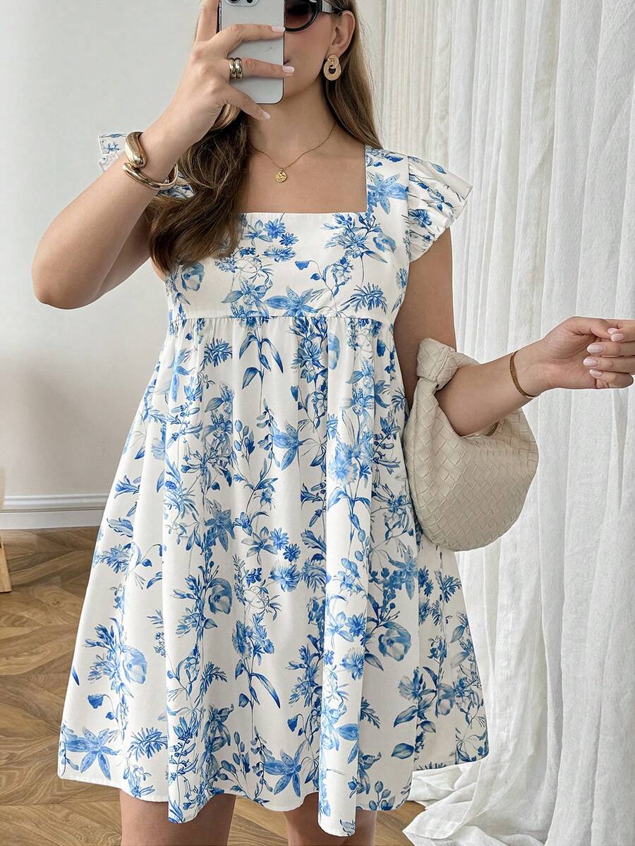 SHEIN LUNE Plus Size Summer Women's Blue Floral Print Ruffle Hem Mini Dress,Boho White Sundress For Beach,Holiday,Bachelorette Party,Tea Party, Easter Dress - Blue and White - View 1