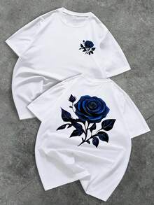 Manfinity Roughcore Men's Vintage Street Style Blue Rose Print T-Shirt - White - View 2
