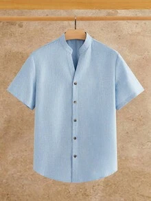 EASEVO Men's Plus Size Solid Color Short Sleeve Single-Breasted Shirt And Pants Casual Set - Multicolor - View 7