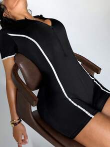SHEIN Dewbera 黑色撞色连体裤，修身瑜伽服，柔软舒适，适合运动、健身、锻炼、跑步 - 黑色 - 查看 5