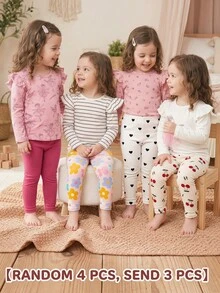 SHEIN [Random 4pcs, Send 3pcs]Menina Bebê Cereja Vintage Fofa, Mini Coração, Estampa Floral Colorida de Dopamina, Relaxe Relaxe, Legging de Cintura Elástica Sólida com Estampa Gráfica para Bebê e Criança, Adequada para Uso em Casa ou Brincadeiras ao Ar Livre na Primavera/Verão, Conjuntos de Verão Fofos para Itens de Verão para Crianças, Itens para Passeios de Verão, Y2K, Kawaii, Festa, Dia a Dia, Férias, Fofo, Confortável, Verão 2026, Cottagecore, Casual de Final de Semana, Roupas para Ensaio Fotográfico - Multicolorido - Visão 2