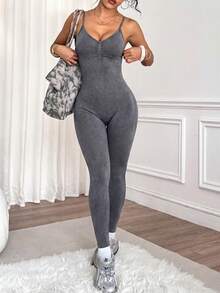 Easithlete 1 bộ áo liền quần nữ màu mờ, cổ tròn, dây xoắn. - Xám - Xem 2