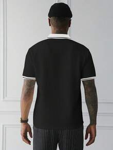 HUEFORM 男士撞色纹理 Polo 衫，适合外出、聚会和办公穿着 - 黑色 - 查看 3