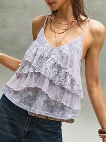 Bohemela Women's Casual Solid Color Knit Patchwork Ruffle Trim Camisole, Spring/Summer - Purple - View 6
