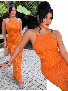 SHEIN SXY Women's Orange Summer 70's Holiday Night Out Club Party Disco Holiday Solid Color Frill Trim Halter Backless Beach Birthday Dress Vacation Outfits - Orange - View 6