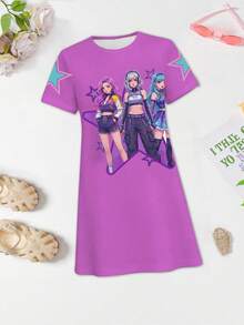 1件套少女现代彩色串珠连衣裙，K-POP卡通女孩和五角星印花短袖圆领T恤，色彩鲜艳的图案连衣裙，适合少女日常和假日穿着，舒适的T恤套装 - 彩色 - 查看 4