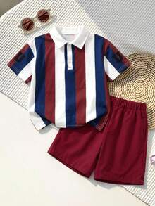 SHEIN 2pcs/Set Young Boys Summer Independence Day Casual Oversized Striped Polo Shirt & Red Shorts,Cute College Street Sports Graphic Outfit For Daily Wear - Multicolor - View 5