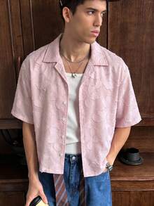 SWAVVY Men's Summer Casual Front Button Denim Effect Perforated Fabric Shirt - Pink - View 3