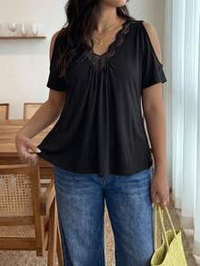 Enliva Áo thun Plus size Tương phản ren Cắt ra màu trơn Giải trí - màu đen - Xem 4
