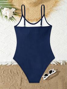SHEIN Teen Girls Cute Modest Navy Blue Ribbed Halter One-Piece Swimsuit,Elegant Ladylike Design For Swimming,Summer,Beach,Holiday,Pool,Holiday Party - Navy Blue - View 2