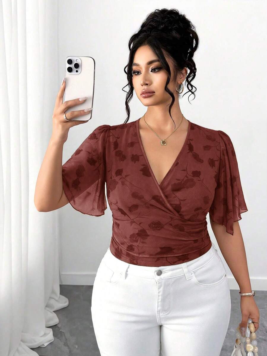 Elenzga Plus Size Women's Casual Romantic Spring/Summer Daily Commute Versatile Fashion T-Shirt - Burgundy - View 1