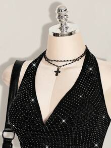 SHEIN ICON 女士夏季街头性感水钻露背吊带紧身短款背心 - 黑色 - 查看 7