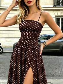 SHEIN Tall Đầm hai dây chấm bi đen cho nữ, trang phục thanh lịch cho kỳ nghỉ xuân và hè, phù hợp cho cả tiệc tùng và mặc thường ngày. - Nhiều màu - Xem 1
