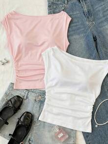 2-Piece Set: Teen Girls' Style - White And Pink Knit Casual Pleated Asymmetrical-Shoulder Fitted Cropped Top And Bottom Set - Sweet And Cute - Perfect For Spring And Summer Outfits New Ss26 Fashion - Multicolor - View 4
