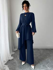 Modelyn 2pcs/Set Women Solid Color Tie-Up Asymmetrical Hem Top And Pants - Royal Blue - View 5