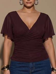 SHEIN BAE Große Größen V-Ausschnitt Kreuz-Design elegantes Sommer Mesh Top für Frauen, geraffte Taille Kurven Lässig für Date Night, Party, Urlaub, Y2k - Rot-violett - Übersicht 10