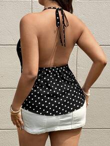 Sunnyshic Black Polka Dot Floral Lace Patchwork V-Neck Spaghetti Strap Backless Sexy Camisole - Black - View 2